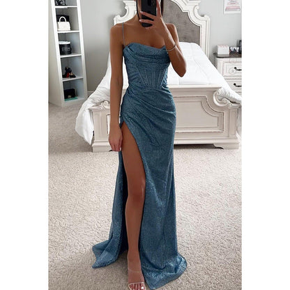 Robe Longue Femme Scintillante – Bustier Sculpté et Fente Haute
