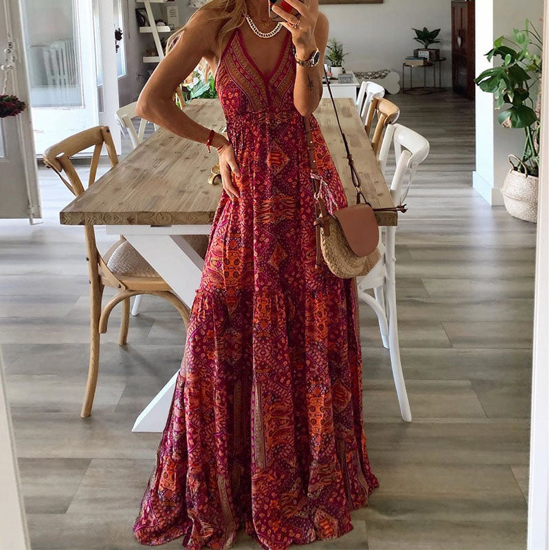Robe Maxi Bohème Femme en Tissu Léger – Silhouette Fluide Taille Haute à Col V