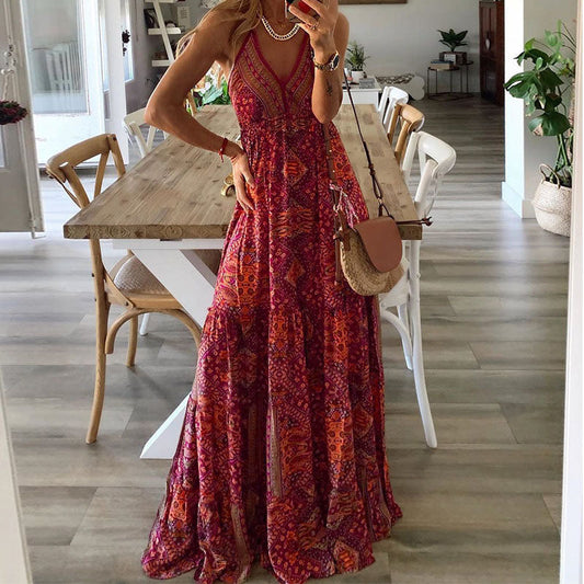 Robe Maxi Bohème Femme en Tissu Léger – Silhouette Fluide Taille Haute à Col V