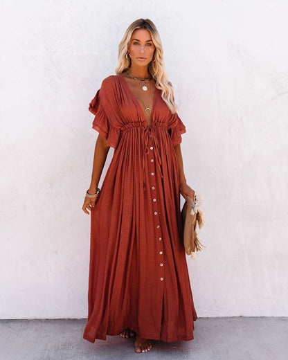 Robe Maxi Bohème Femme en Tissu Léger – Style Boutonné à Taille Coulissante