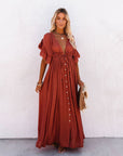 Robe Maxi Bohème Femme en Tissu Léger – Style Boutonné à Taille Coulissante