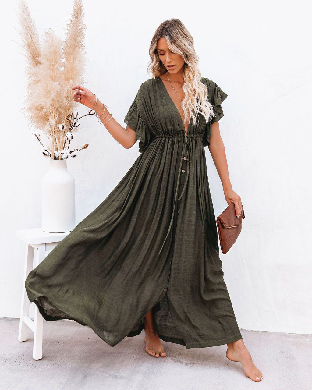 Robe Maxi Bohème Femme en Tissu Léger – Style Boutonné à Taille Coulissante