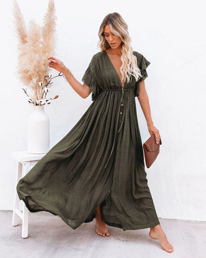 Robe Maxi Bohème Femme en Tissu Léger – Style Boutonné à Taille Coulissante