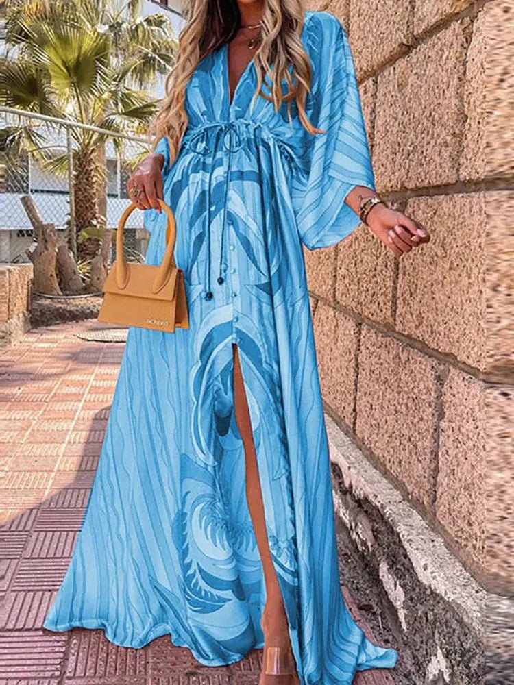 Olivia | Robe longue pour femme à col en V profond avec imprimé abstrait et ceinture à nouer