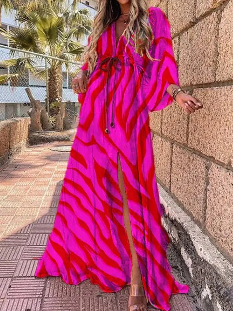 Olivia | Robe longue pour femme à col en V profond avec imprimé abstrait et ceinture à nouer