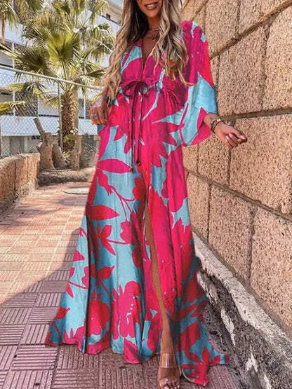 Olivia | Robe longue pour femme à col en V profond avec imprimé abstrait et ceinture à nouer