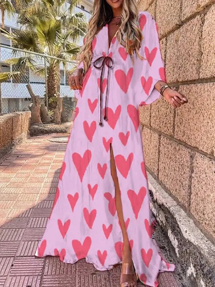 Olivia | Robe longue pour femme à col en V profond avec imprimé abstrait et ceinture à nouer