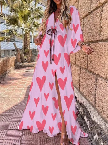 Olivia | Robe longue pour femme à col en V profond avec imprimé abstrait et ceinture à nouer