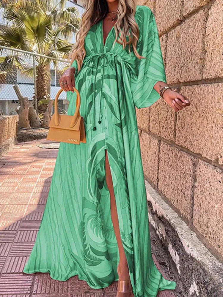 Olivia | Robe longue pour femme à col en V profond avec imprimé abstrait et ceinture à nouer