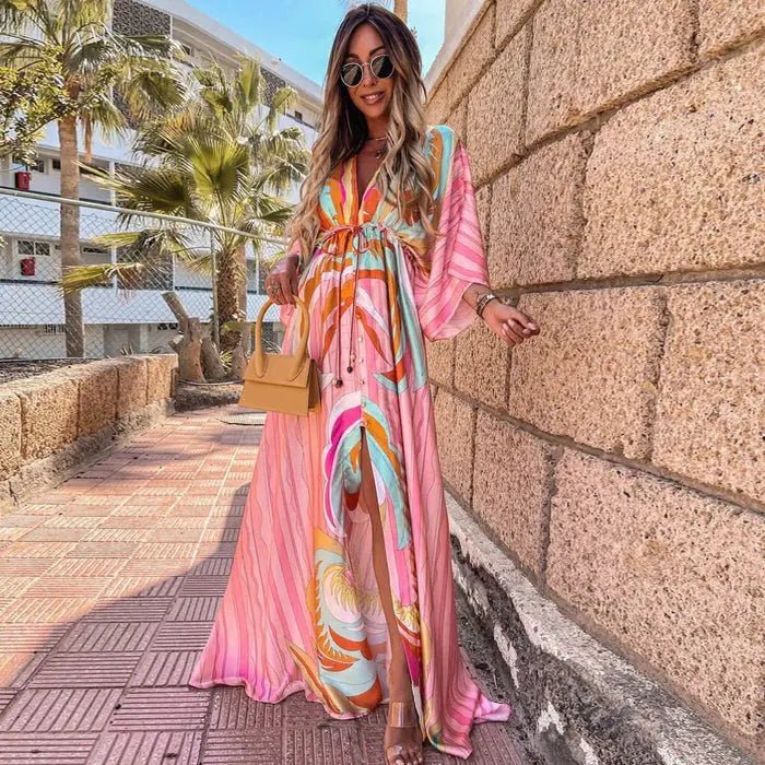 Olivia | Robe longue pour femme à col en V profond avec imprimé abstrait et ceinture à nouer