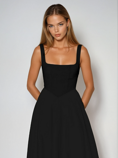 Robe midi femme col carré – coupe évasée sans manches