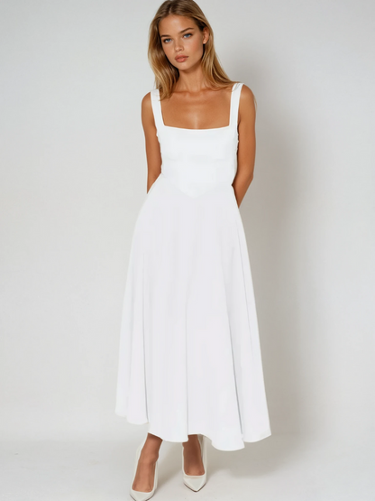 Robe midi femme col carré – coupe évasée sans manches
