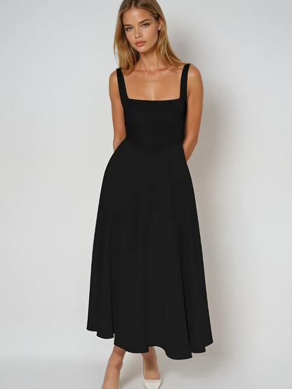 Robe midi femme col carré – coupe évasée sans manches