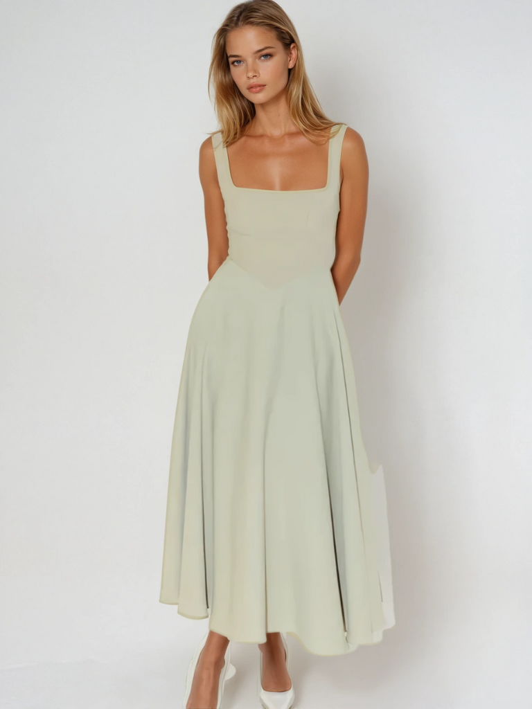 Robe midi femme col carré – coupe évasée sans manches