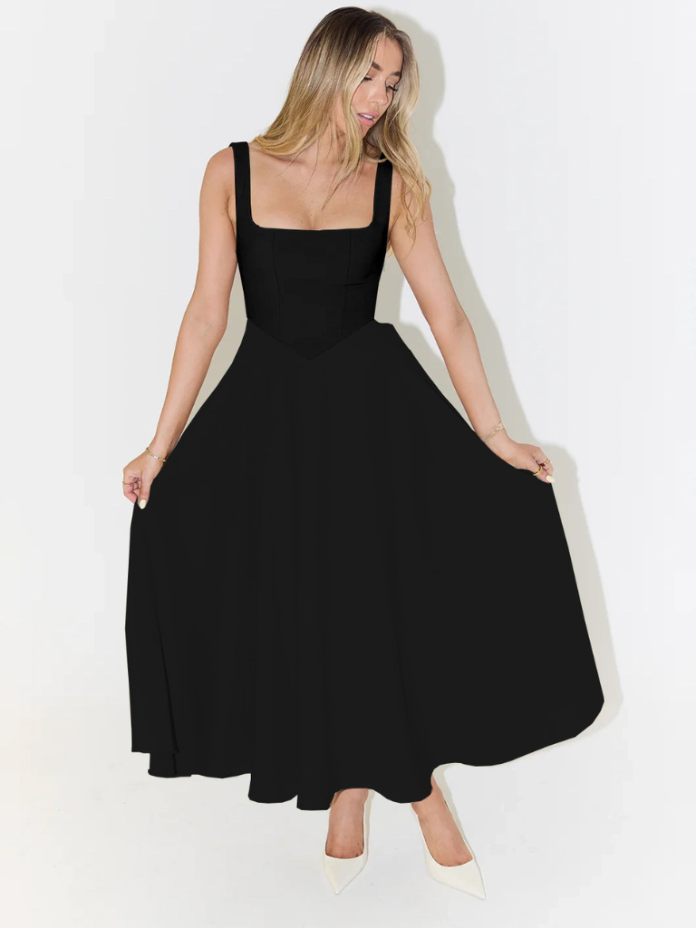 Robe midi femme col carré – coupe évasée sans manches
