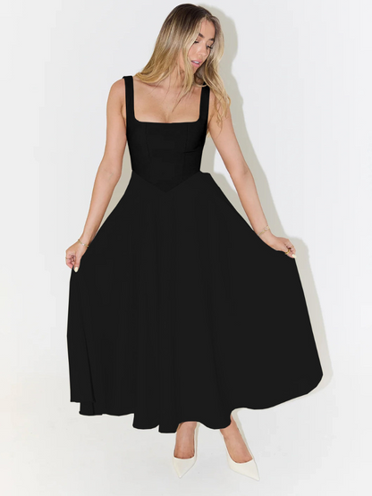 Robe midi femme col carré – coupe évasée sans manches