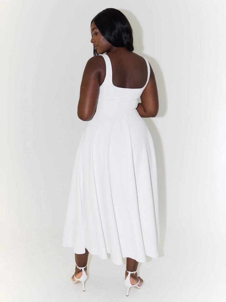 Robe midi femme col carré – coupe évasée sans manches