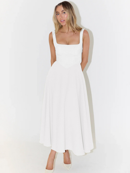 Robe midi femme col carré – coupe évasée sans manches
