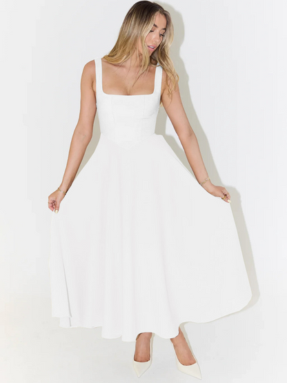 Robe midi femme col carré – coupe évasée sans manches