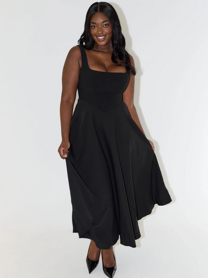 Robe midi femme col carré – coupe évasée sans manches