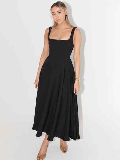 Robe midi femme col carré – coupe évasée sans manches