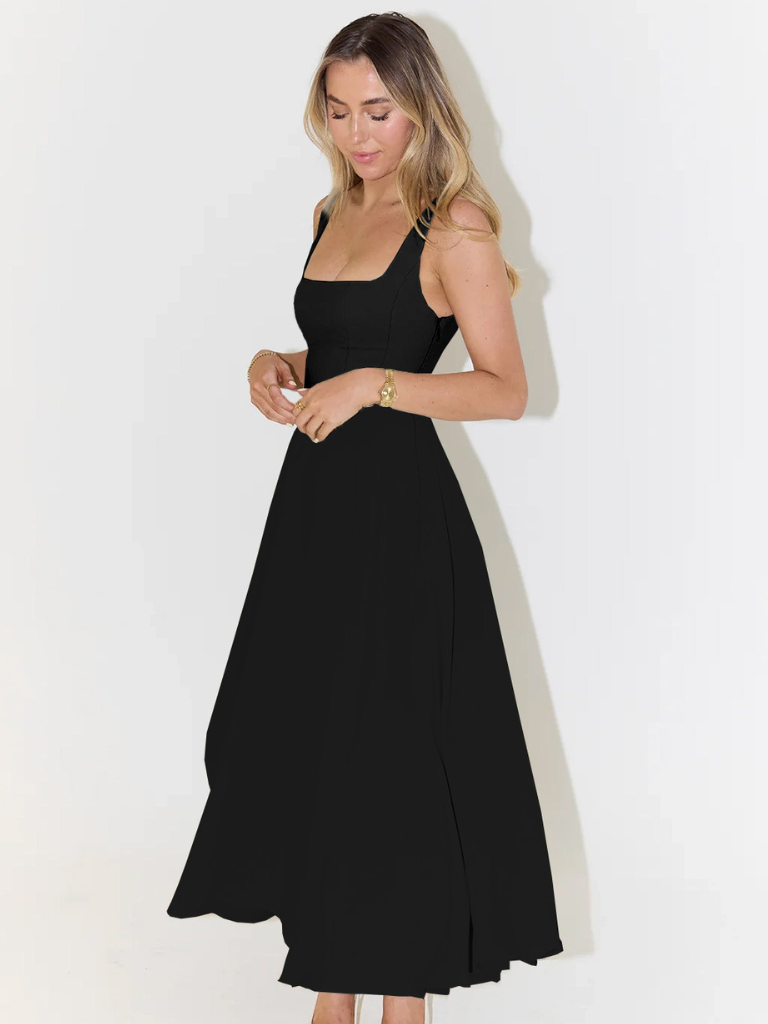 Robe midi femme col carré – coupe évasée sans manches