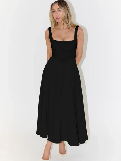 Robe midi femme col carré – coupe évasée sans manches