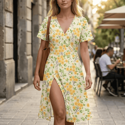 Menvelo Robe Midi Femme Col V Coupe Fluide À Volants