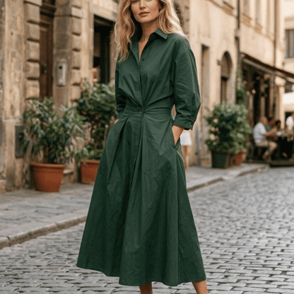 Sophie Robe Chemise Maxi – Robe Longue Col Chemise Taille Smockée Élégante Femme