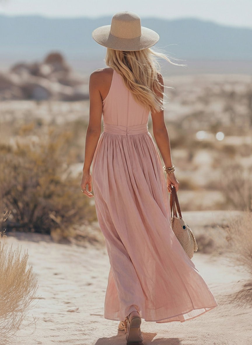 Phoebe | Robe maxi bohème en coton-lin à col halter pour femme