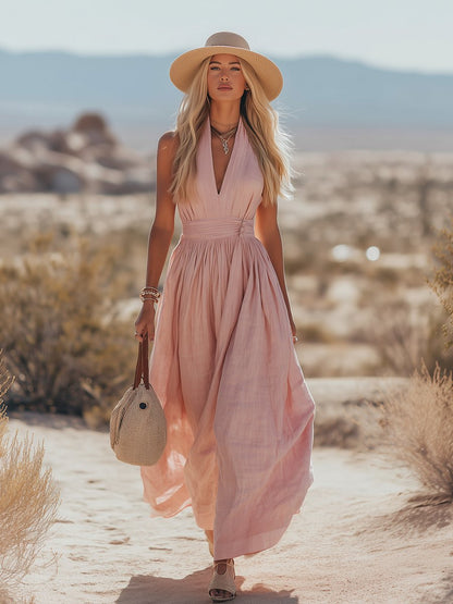 Phoebe | Robe maxi bohème en coton-lin à col halter pour femme