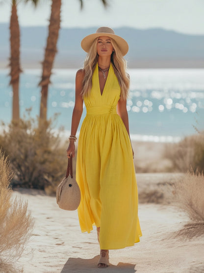 Phoebe | Robe maxi bohème en coton-lin à col halter pour femme