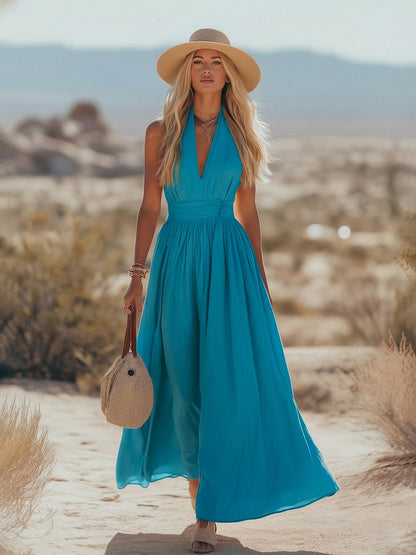 Phoebe | Robe maxi bohème en coton-lin à col halter pour femme