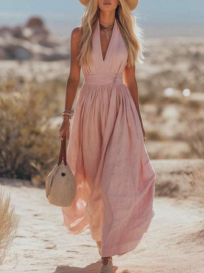 Phoebe | Robe maxi bohème en coton-lin à col halter pour femme