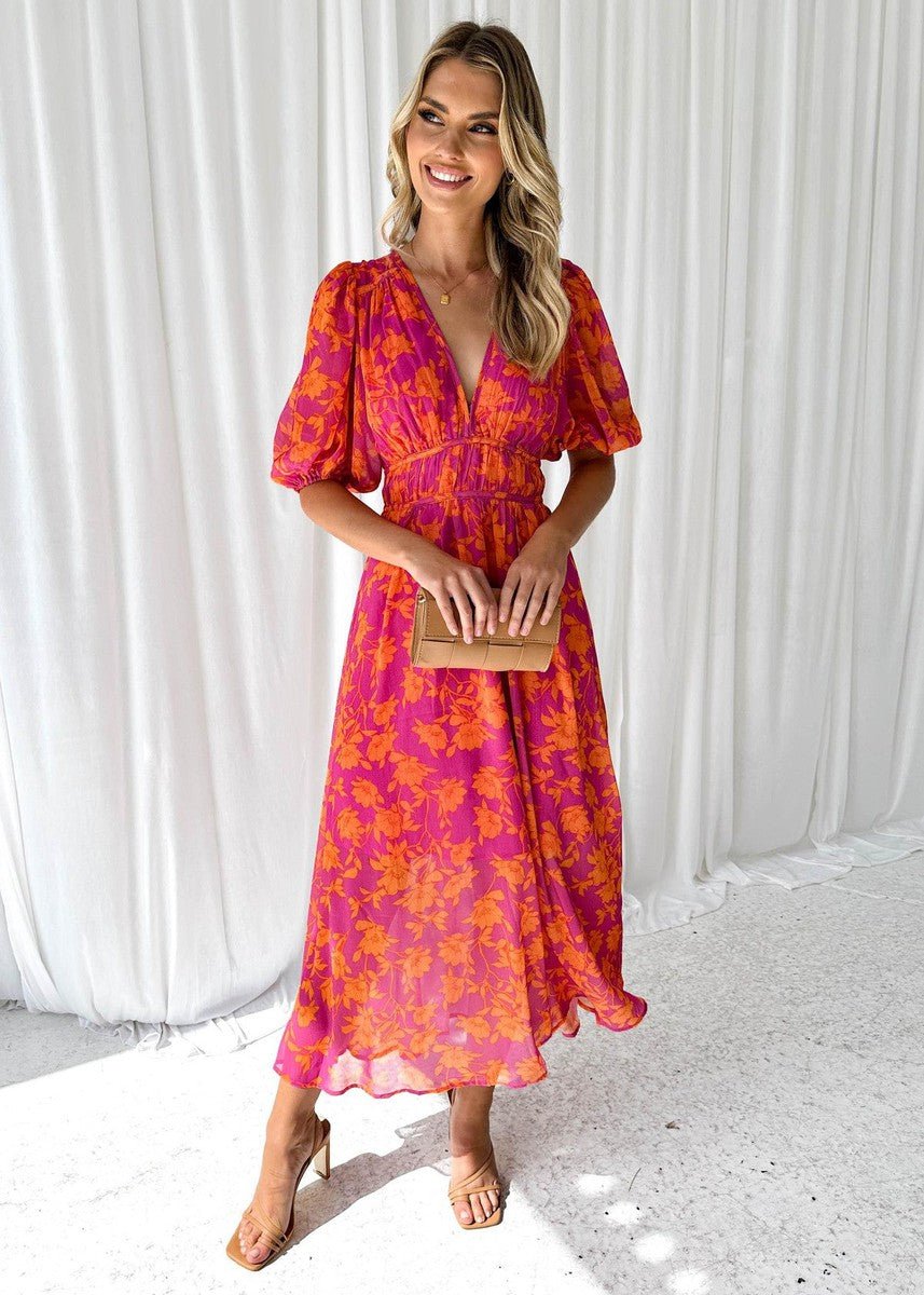 Phoebe | Robe maxi à manches bouffantes et col en V à fleurs pour femmes