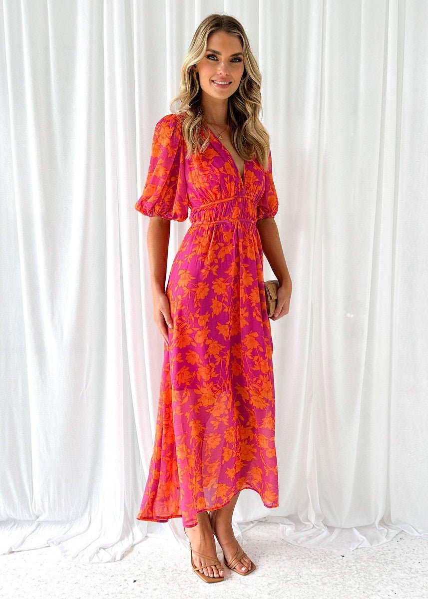 Phoebe | Robe maxi à manches bouffantes et col en V à fleurs pour femmes