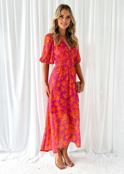 Phoebe | Robe maxi à manches bouffantes et col en V à fleurs pour femmes