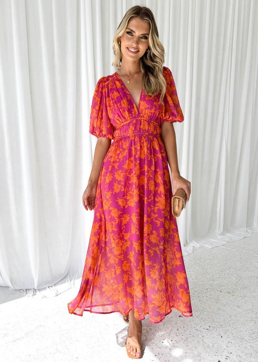 Phoebe | Robe maxi à manches bouffantes et col en V à fleurs pour femmes