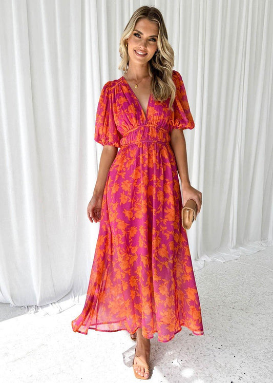 Phoebe | Robe maxi à manches bouffantes et col en V à fleurs pour femmes