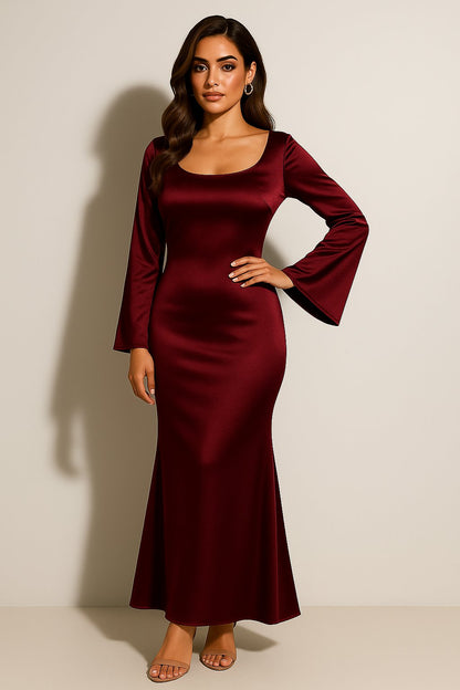 Phoebe | Robe maxi en satin pour femme, manches longues, encolure dégagée