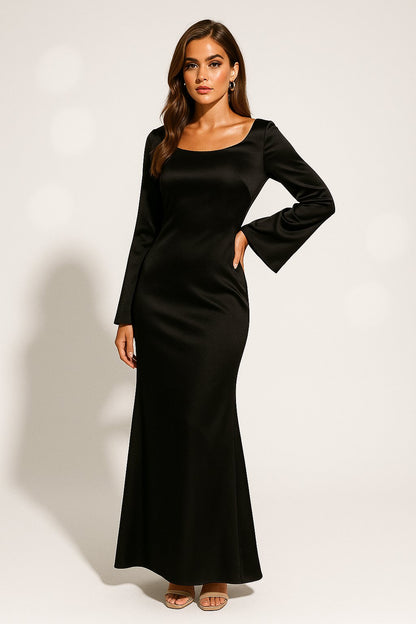 Phoebe | Robe maxi en satin pour femme, manches longues, encolure dégagée