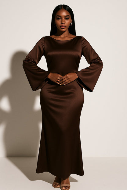 Phoebe | Robe maxi en satin pour femme, manches longues, encolure dégagée