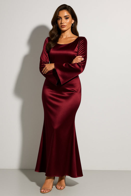 Phoebe | Robe maxi en satin pour femme, manches longues, encolure dégagée