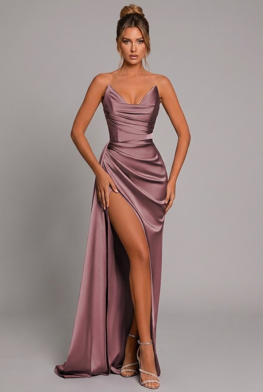 Phoebe | Robe maxi bodycon en satin froncé à décolleté cœur pour femme