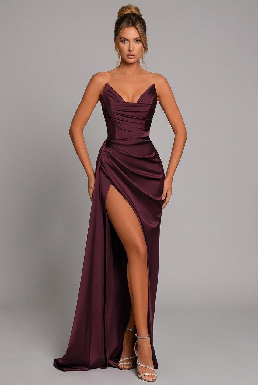 Phoebe | Robe maxi bodycon en satin froncé à décolleté cœur pour femme