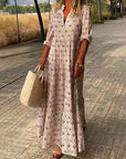 Robe Longue Femme Bohème Col V – Coupe Ample Manches Mi-Longues Légère
