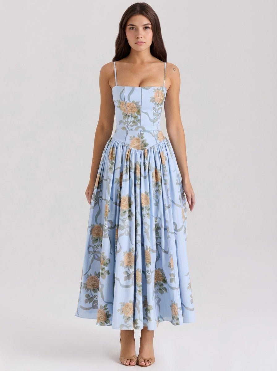 Rania | Robes longues d'été à fleurs pour femmes, coupe trapèze