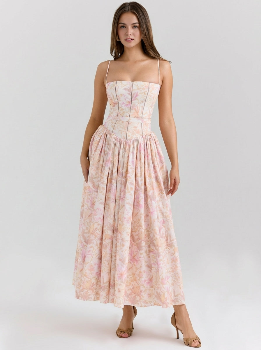 Rania | Robes longues d'été à fleurs pour femmes, coupe trapèze