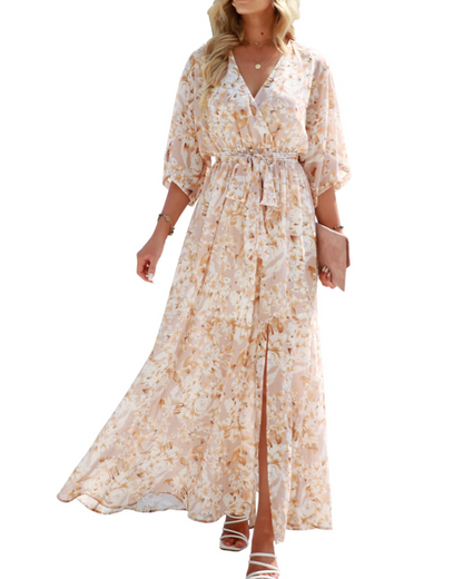 Rodelyn Robe Maxi Femme – Col V Cache-Cœur, Manches 3/4 Kimono & Fente Élégante Bohème