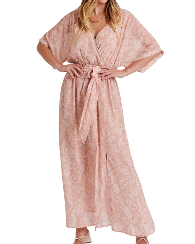 Rodelyn Robe Maxi Femme – Col V Cache-Cœur, Manches 3/4 Kimono & Fente Élégante Bohème